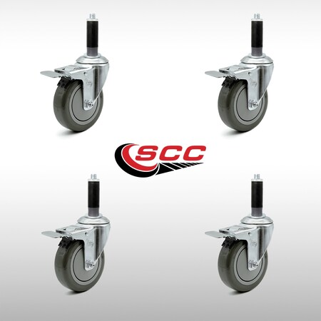 4 Inch SS Gray Poly 1 Inch Expanding Stem Caster Set Total Lock Brake SCC